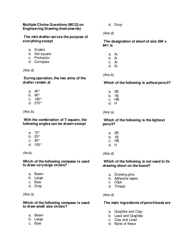 5 Drawing Instruments and their Uses Multiple Choice Questions On Engineering Drwaing