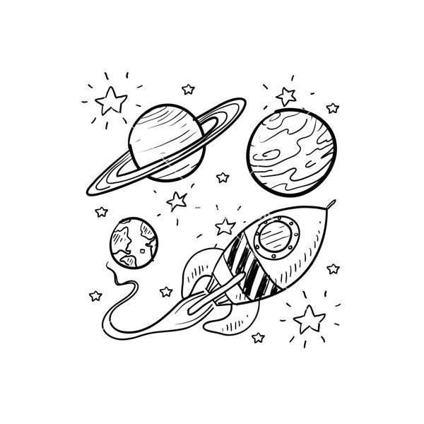 9 Planets Drawing Doodle Space Planets Rocket Ship Stars Explore Vector A Liked On
