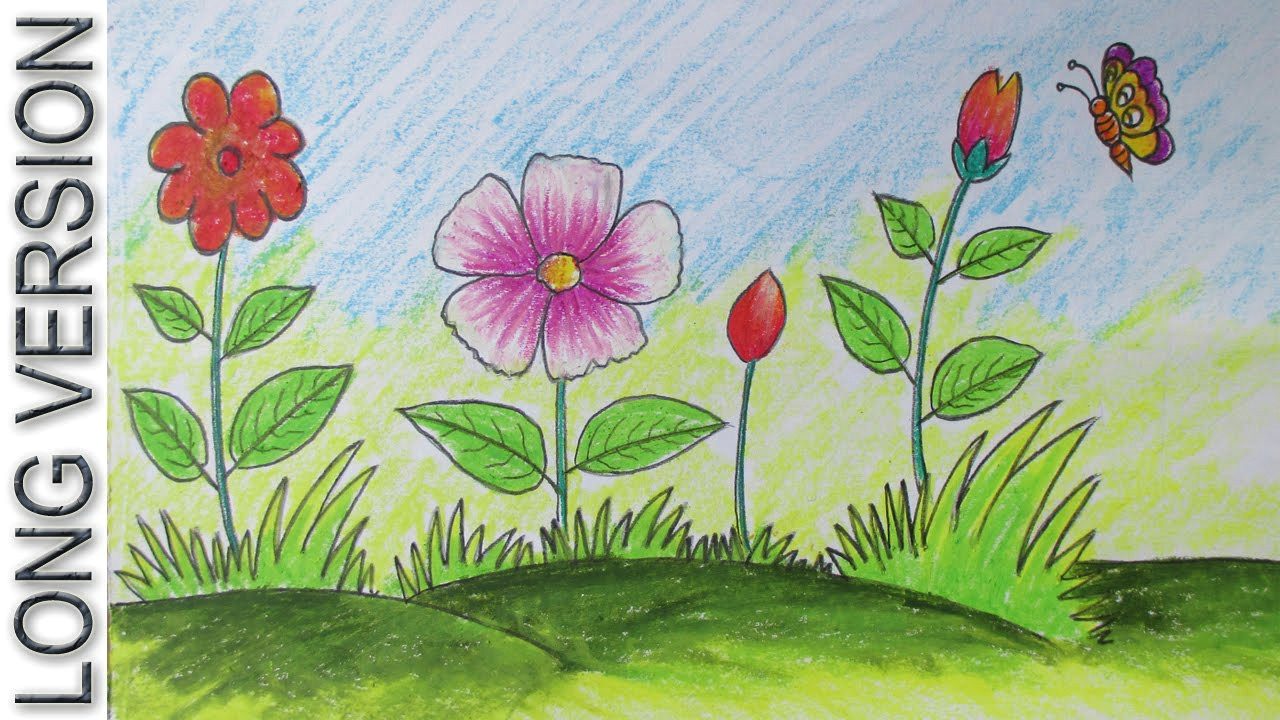 A Beautiful Drawing Of Flowers How to Draw A Scenery with Flowers for Kids Long Version Youtube