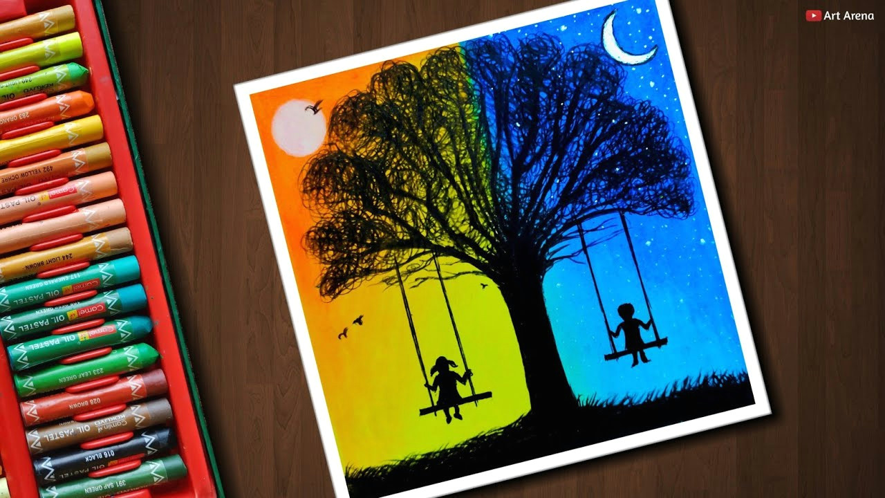 B Tree Drawing tool Day and Night Scenery Drawing for Beginners with Oil Pastels Step