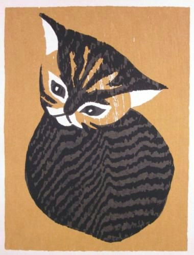 C Drawing Size C 1950 Modernist Kaoru Kawano Woodblock Print Kitten Chuban Size Cat
