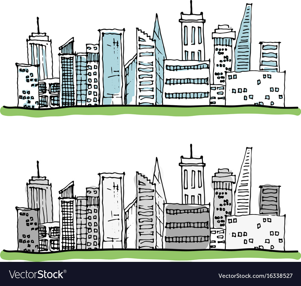 Cartoon Drawing Buildings Cartoon Hand Drawing City with Color On White Vector Image