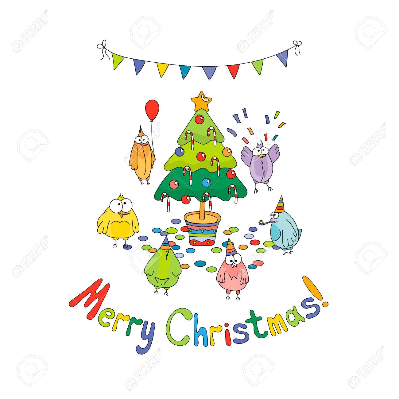 Cartoon Drawing Christmas Tree Merry Christmas Greeting Card with Color Cartoon Funny Birds