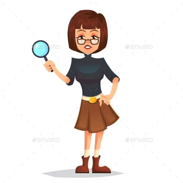 Cartoon Drawing Equipment Smiling Modern Detective Woman Character with Magnifying Glass