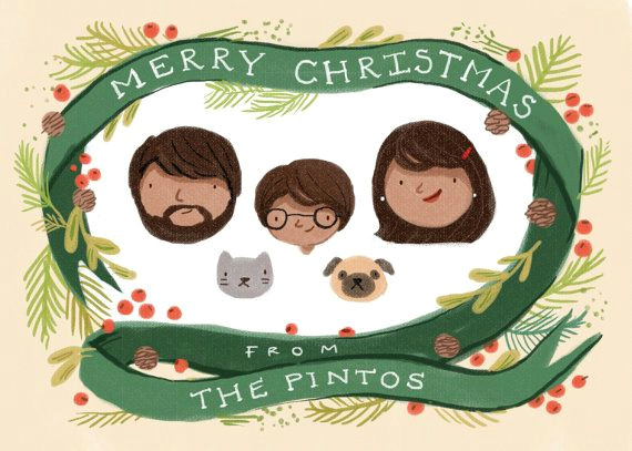 Cartoon Drawing Family Portrait Custom Illustrated Family Portrait Christmas Card Personalized