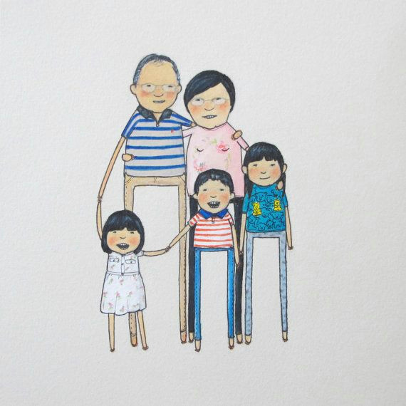 Cartoon Drawing Family Portrait Custom Portrait 4 Big People 1 toddler by Peopleyoumaymeet Hand