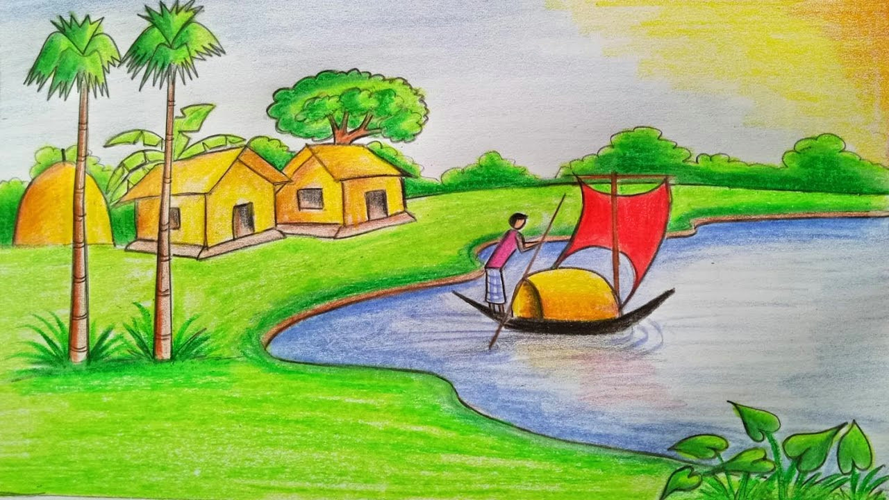 Cartoon Drawing for Class 1 How to Draw A Village Scenery Step by Step Very Easy Youtube