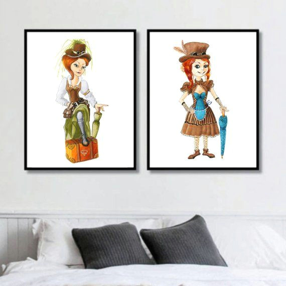 Cartoon Drawing Gifts Steampunk Wall Art Set Of 2 Prints Character Drawing Design Fantasy