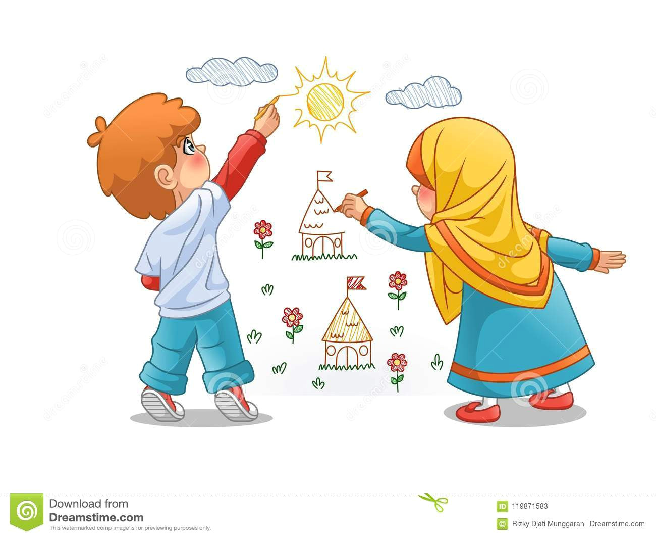Cartoon Drawing Girl and Boy Muslim Girls and Boy Draw Landscapes On the Walls Stock Vector
