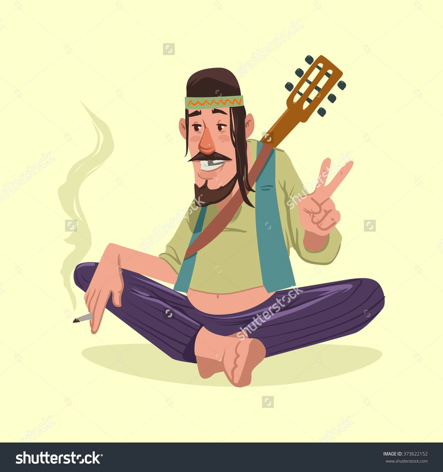 Cartoon Drawing Guitar Hippie Smokes and Shows the Peace Symbol Guitar Vector