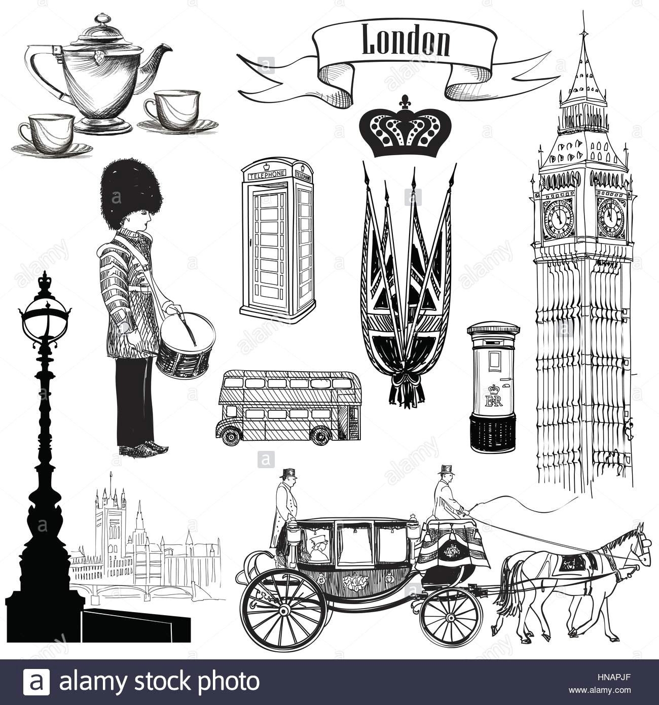 Cartoon Drawing Jobs Uk English Icon Set London Symbols England Uk Europe Hand Drawing