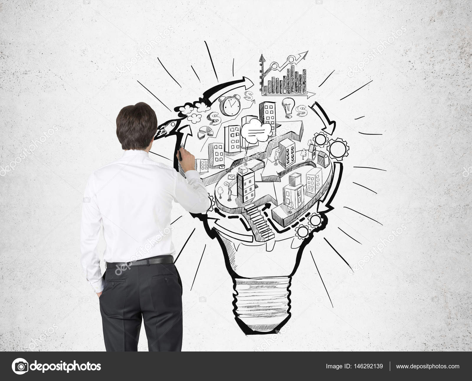 Cartoon Drawing Light Bulb Businessman Drawing A Light Bulb City Stock Photo A C Denisismagilov