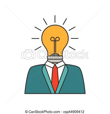 Cartoon Drawing Light Bulb Businessman with Lightbulb Head Idea Concept