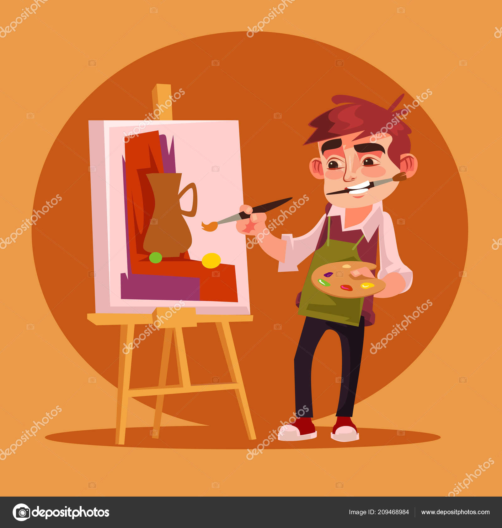 Cartoon Drawing Little Boy Happy Smiling Little Boy Artist Character Drawing Picture Vector