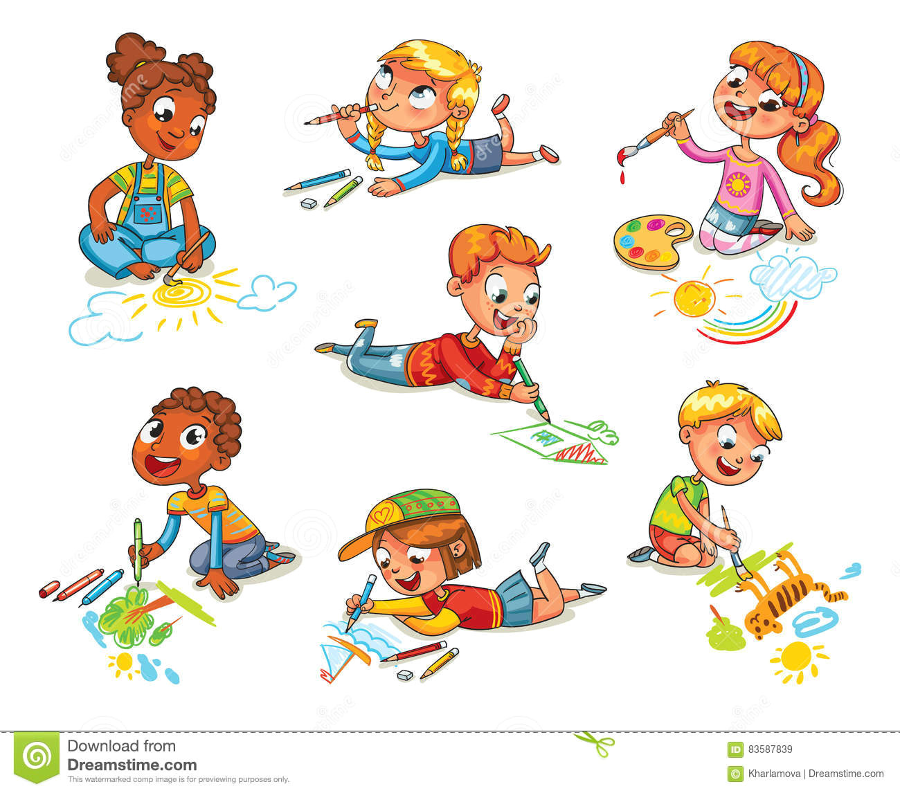 Cartoon Drawing Little Boy Little Children Draw Pictures Pencils and Paints Stock Vector