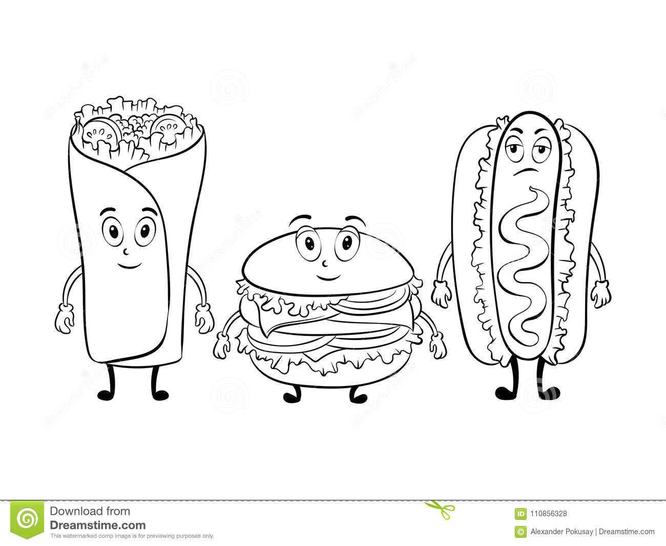 Cartoon Drawing Of A Hot Dog Fast Food Cartoon Coloring Book Vector Stock Vector Illustration