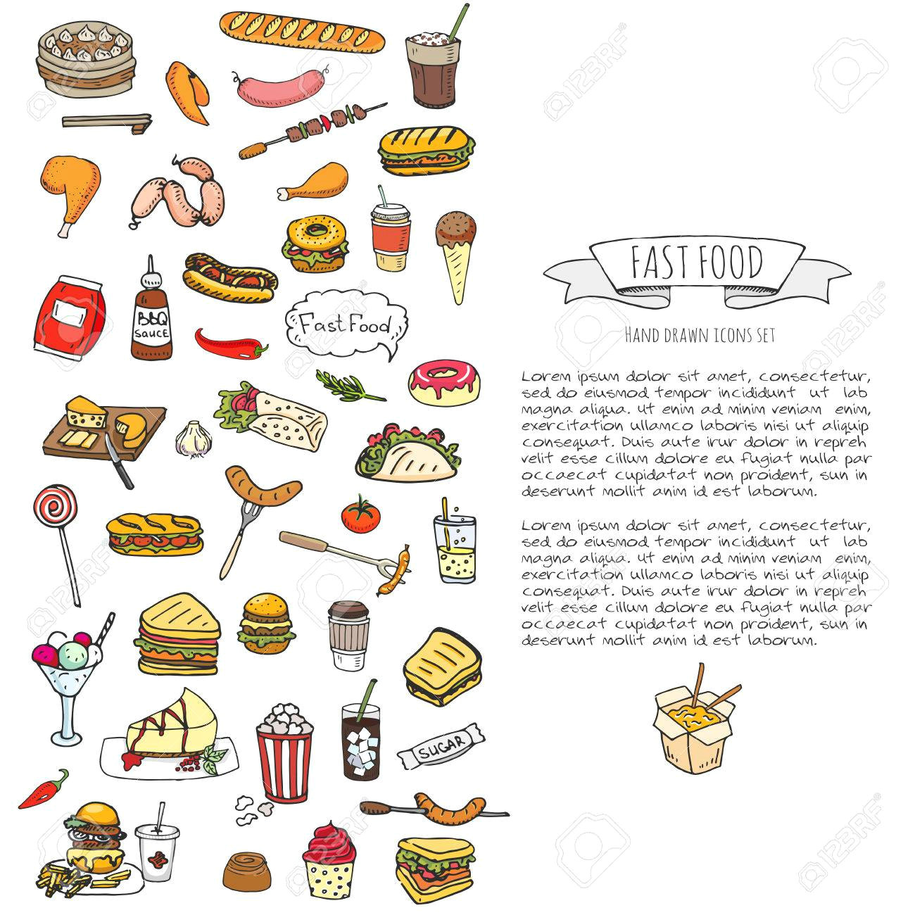 Cartoon Drawing Of A Hot Dog Hand Drawn Doodle Fast Food Icons Set Vector Illustration Junk