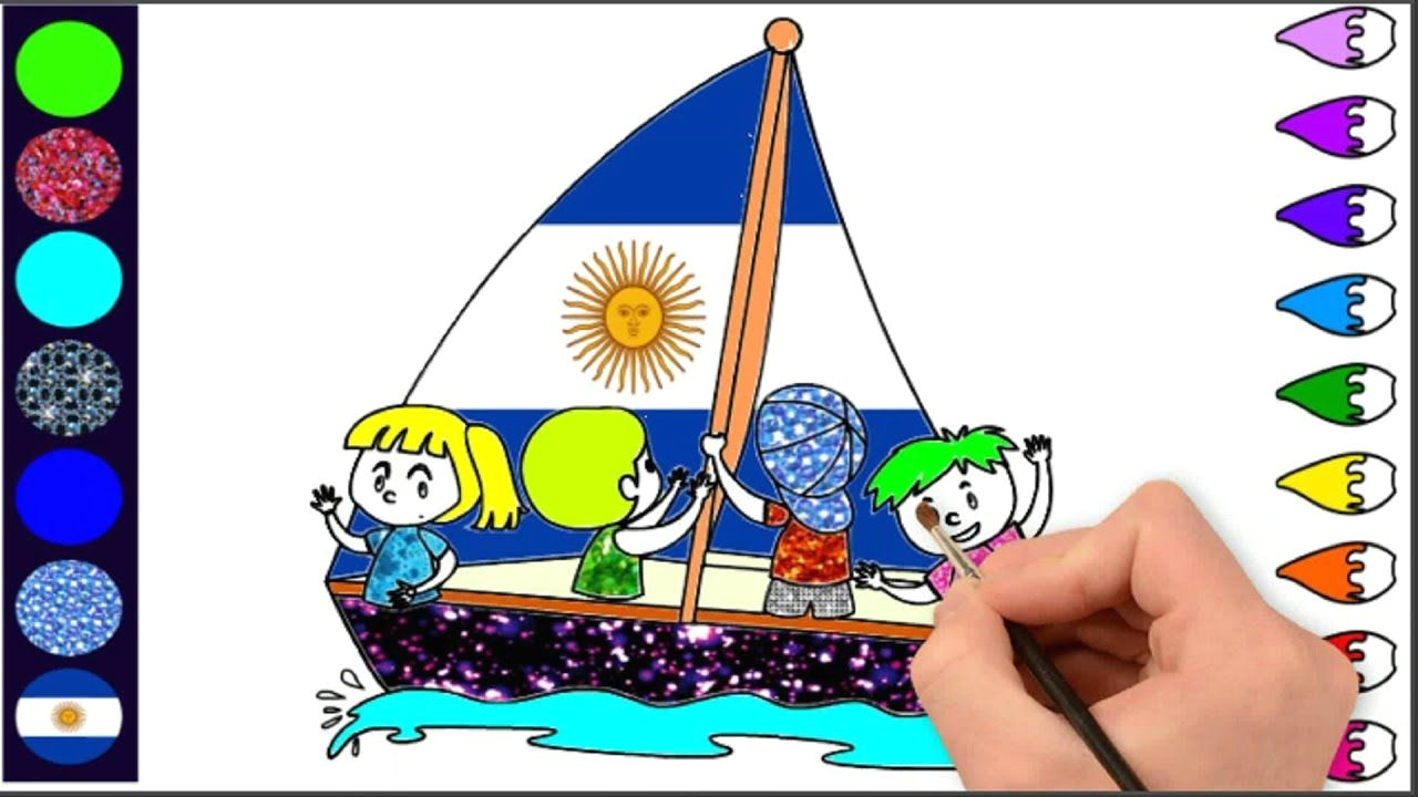 Cartoon Drawing Of A Yacht Kids Coloring Drawing Sailing Argentina Flag Enjoying Football
