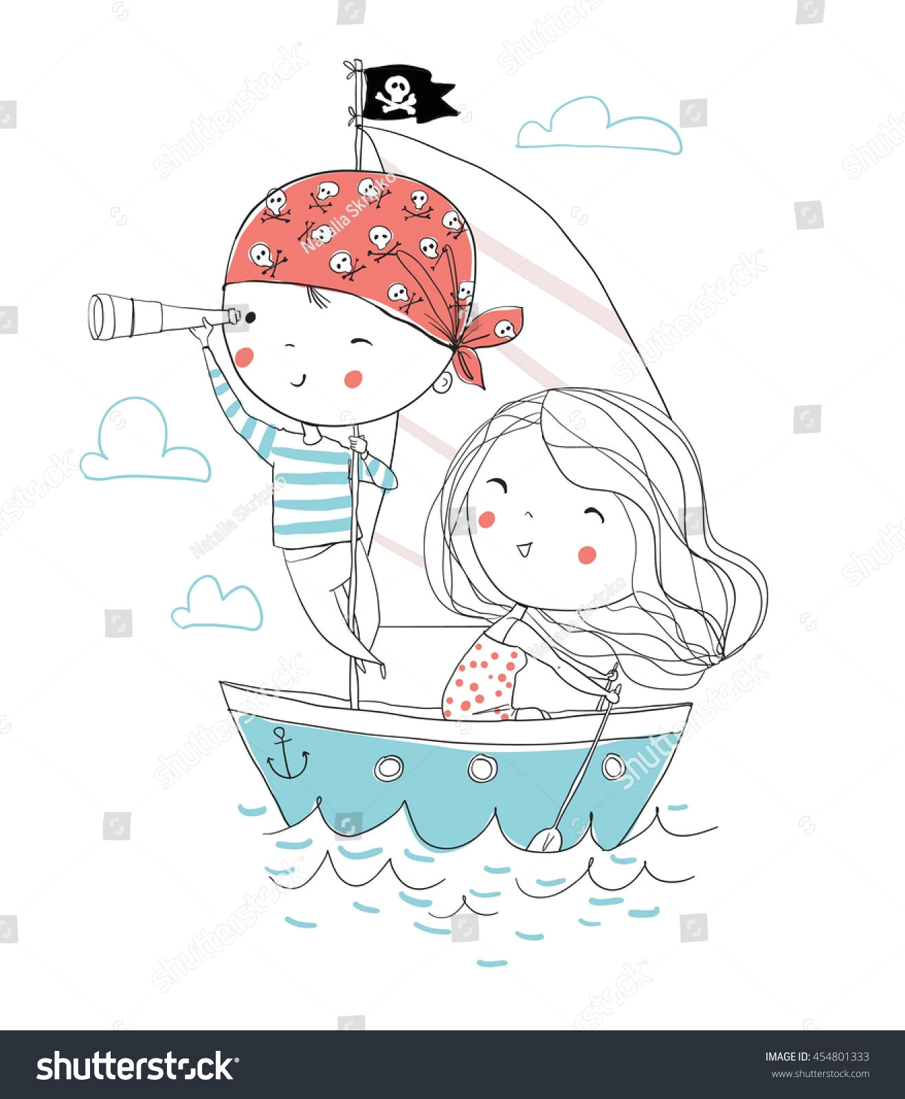 Cartoon Drawing Of A Yacht Pirate Boy and Girl In Boat to Sea My Style Art Doodles