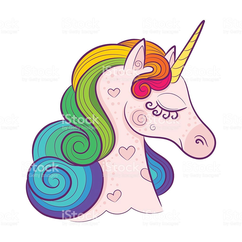Cartoon Drawing Rainbow Head Of Cute White Unicorn with Rainbow Mane isolated On White