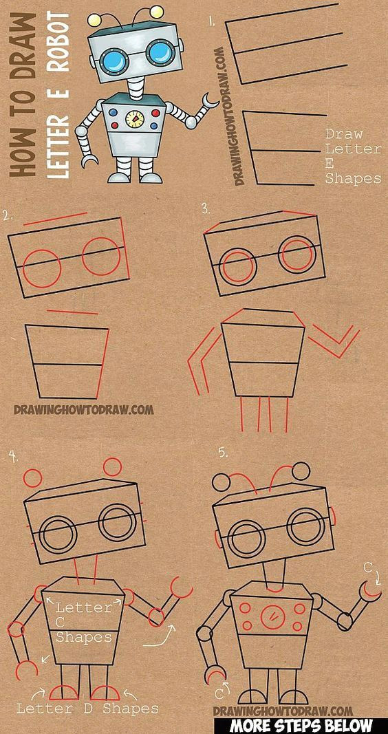 Cartoon Drawing Robot Step by Step Learn How to Draw Cartoon Robots From Letter E Shape with Simple