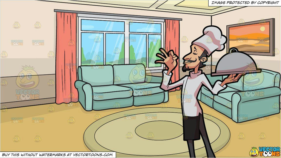 Cartoon Drawing Room A Chef Holding A Tray and A Small Living Room Background Clipart