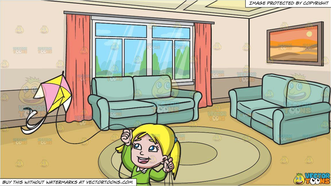 Cartoon Drawing Room A Delighted Girl Flying Her Pretty Kite and A Small Living Room