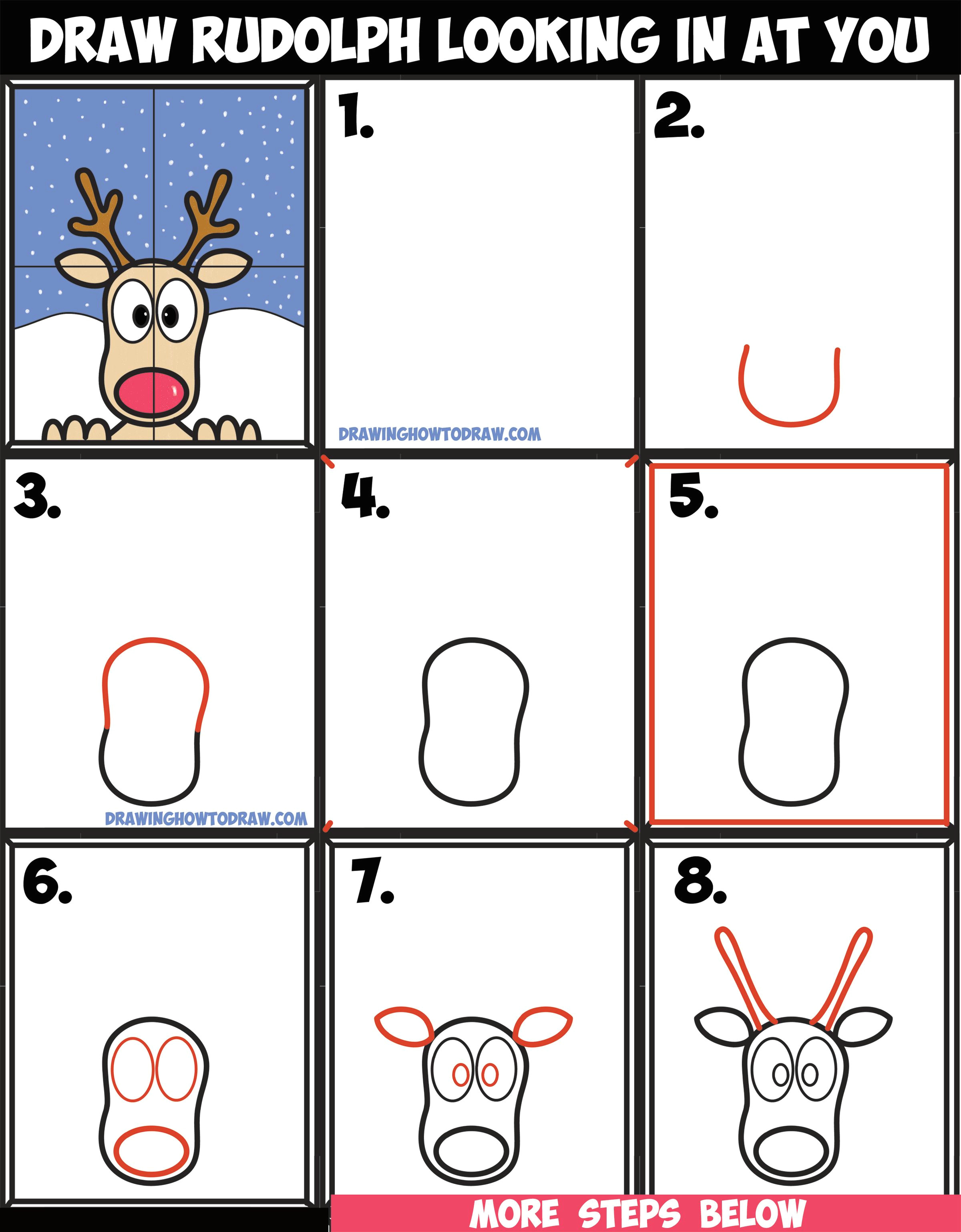 Cartoon Drawing Rudolph Red Nosed Reindeer How to Draw Rudolph the Red Nosed Reindeer Looking In Window Easy