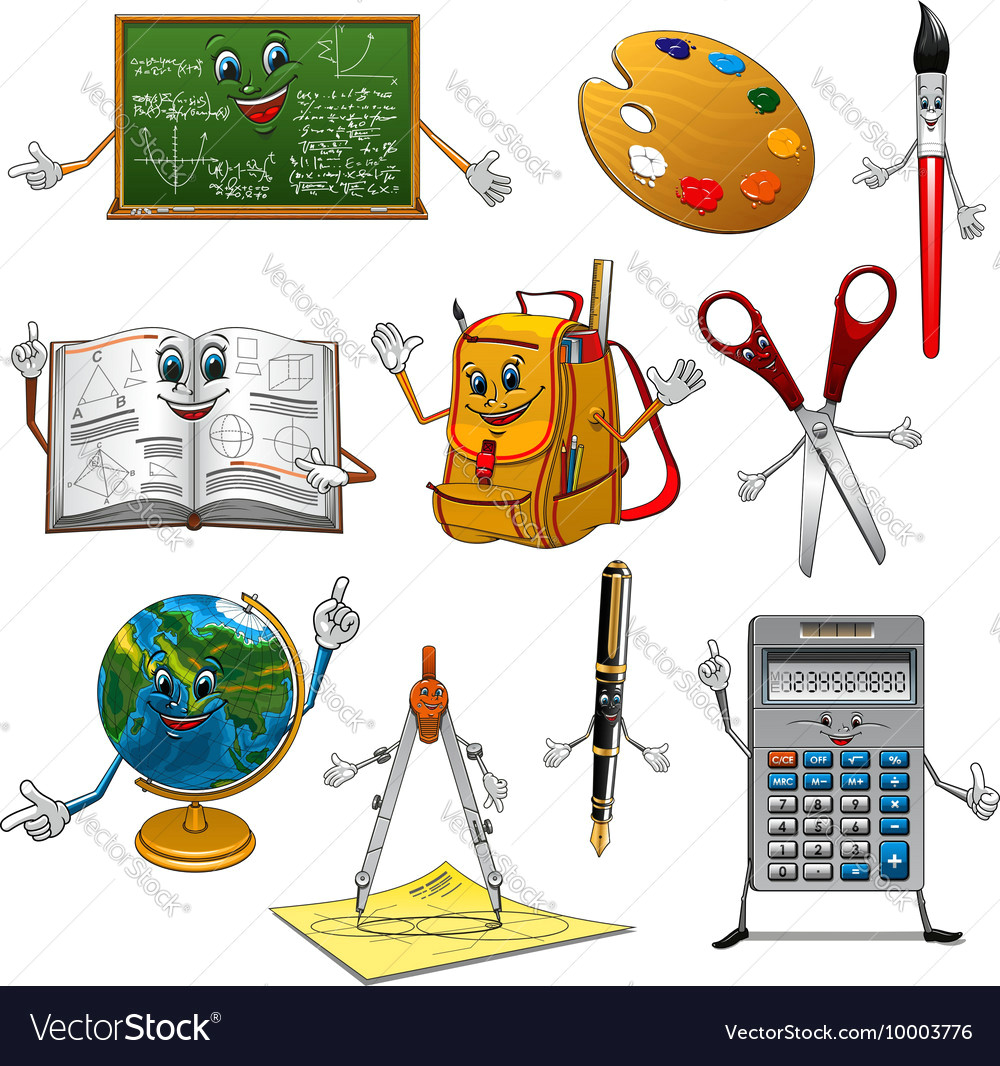 Cartoon Drawing Supplies Back to School Items Cartoon Characters Royalty Free Vector