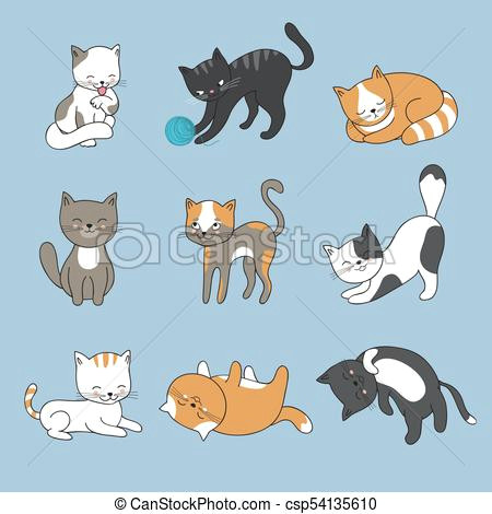 Cartoon Kitten Drawing Hand Drawing Cute Cats Vector Kitty Collection Animal Kitty Od Set