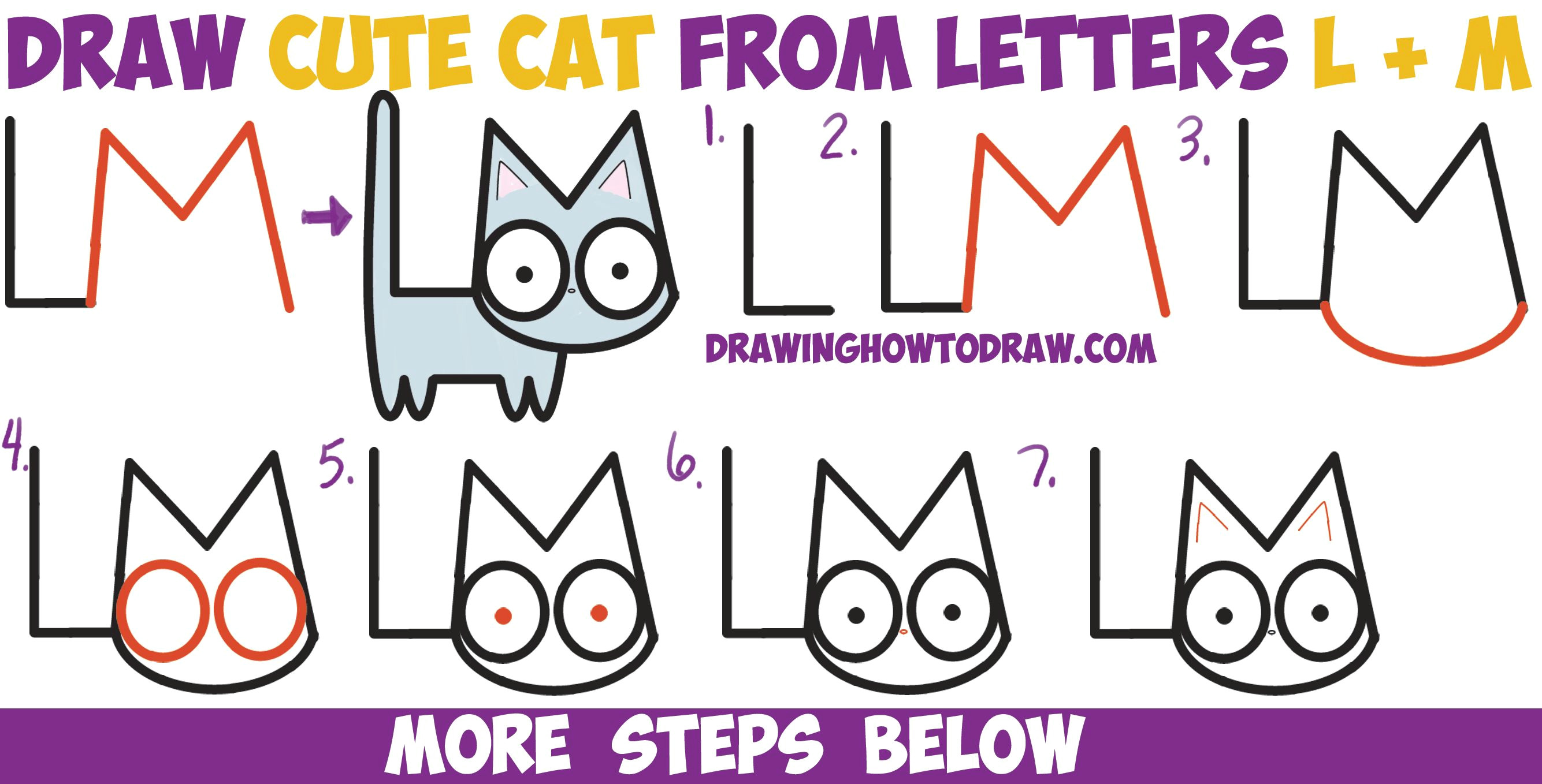 Cartoon Kitten Drawing How to Draw A Cute Cartoon Kitten From Letters L M Easy Step by