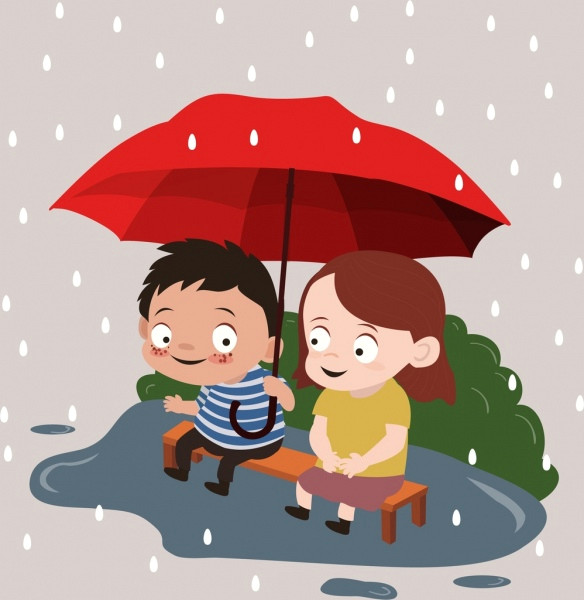 Cartoon Umbrella Drawing Childhood Drawing Little Boy Girl Rain Umbrella Icons Free Vector In