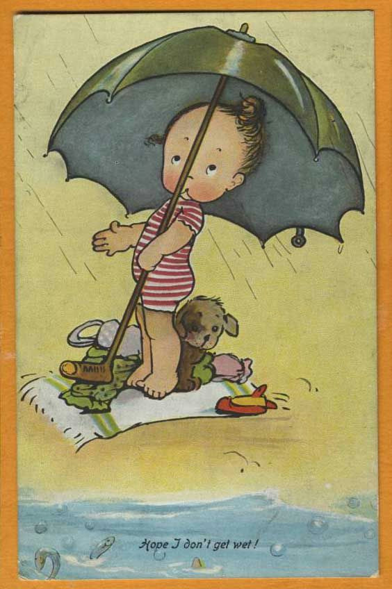 Cartoon Umbrella Drawing Images Mabel Lucie attwell Vintage Card Art toddler Girl Dog Swimming Ocean