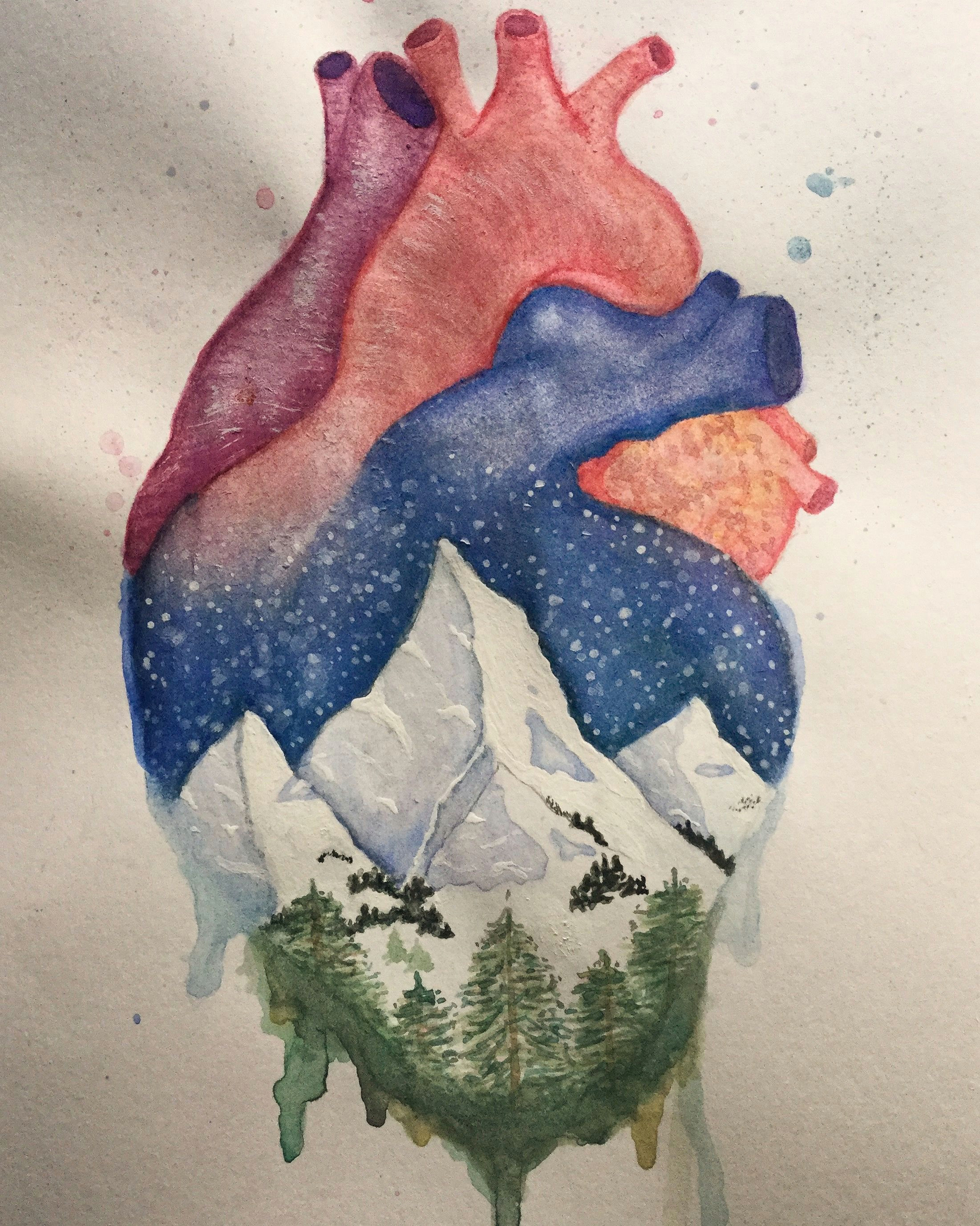 Chance Of Drawing A Heart Anatomical Heart and Winter Mountain Landscape Watercolor Painting