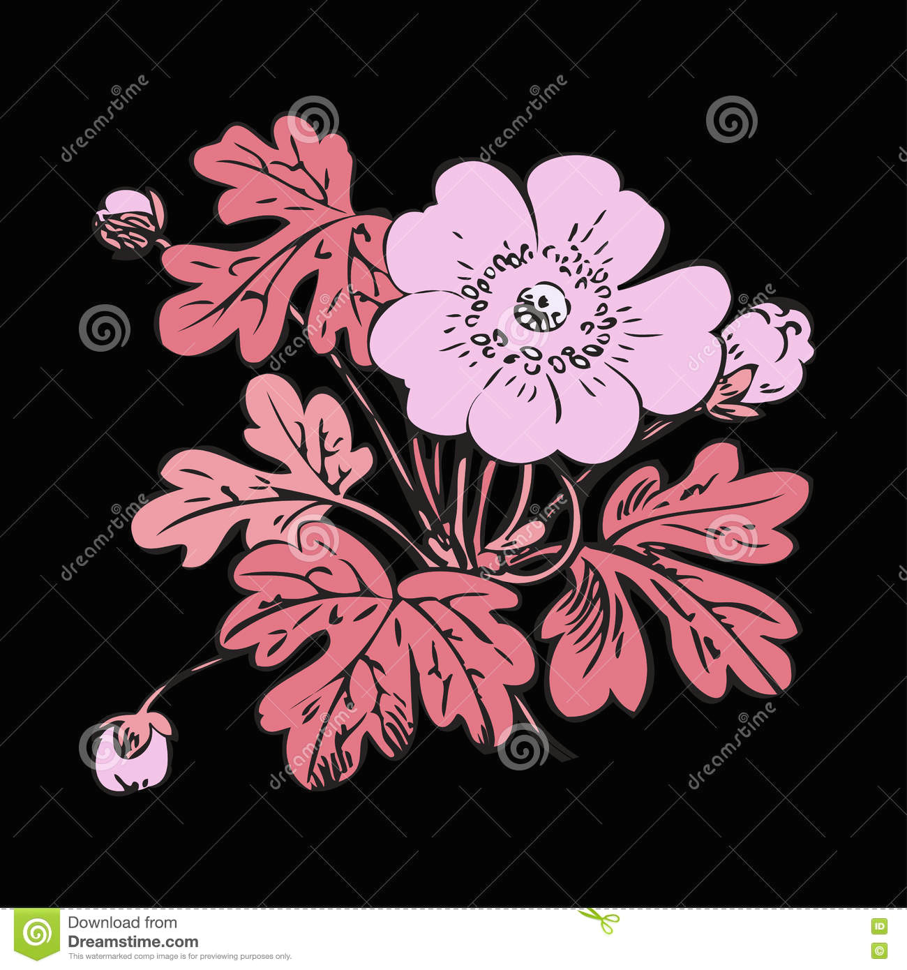 Close Up Drawings Of Flowers Floral Bush Retro On Black Background Hand Drawn Decorat Stock