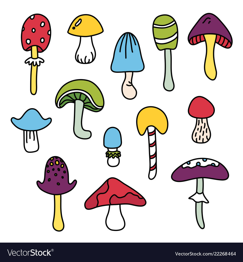 Cute Drawing Mushroom Colorful isolated Mushroom Hand Draw Black Outline