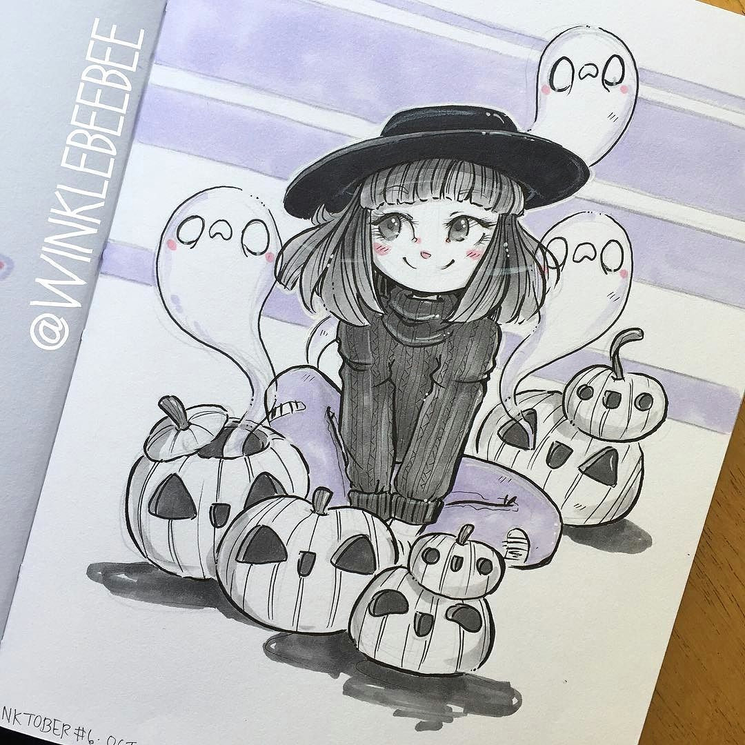 Cute Drawing with Color Cute Witch with Jack O Lanterns and Ghosts Ink Minimal Color