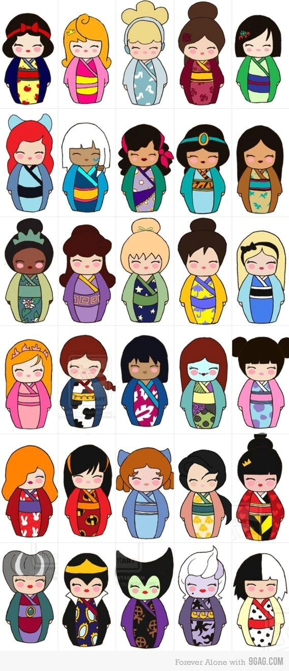 Cute Japanese Drawing Style Cute Disney Princesses and Villains as Japanese Dolls Disney