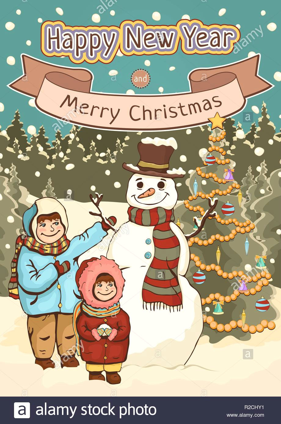 Cute Xmas Drawing Merry Christmas and Happy New Year Card Poster Cartoon Colorful
