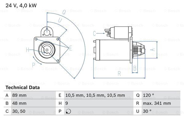 Drawing 4.0 Mercedes 711 T2 4 0d Starter Motor 86 to 94 Bosch A0031518601