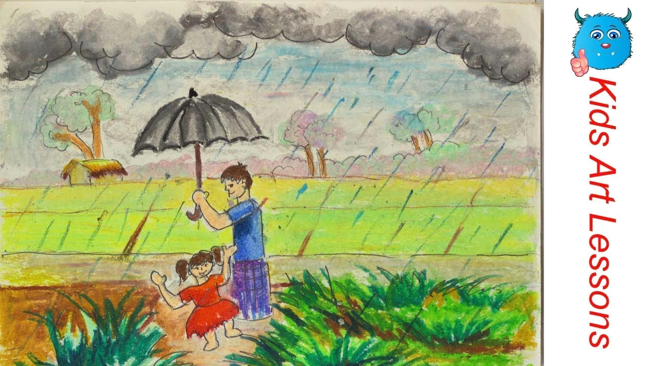 Drawing 4 Class How to Draw A Village Rainy Day Step by Step In Oil Pastel Youtube