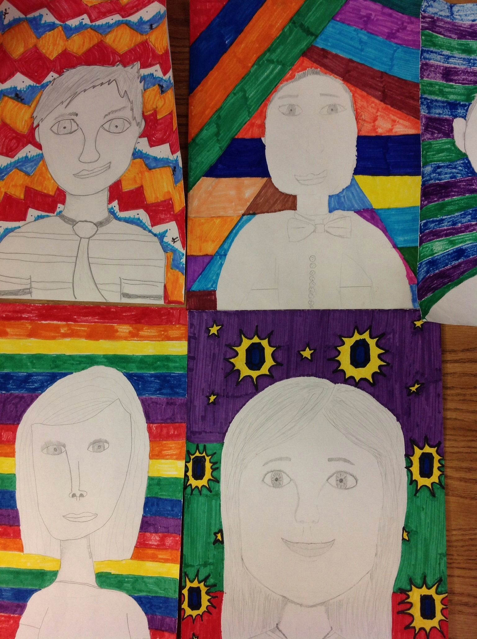 Drawing 6th Class Self Portraits Drawn In Pencil and Colored Bright Design Background