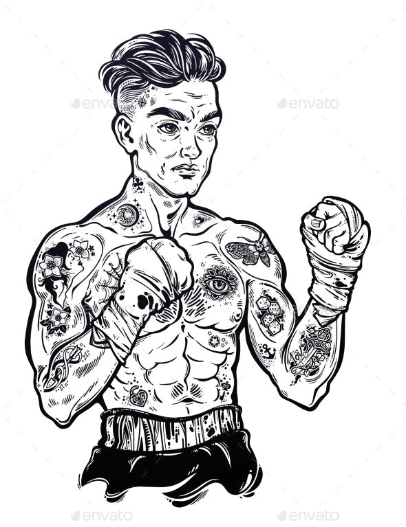 Drawing A Cartoon Boxer Tattooed Boxer Fighter Player In Vintage Style with Fighting with