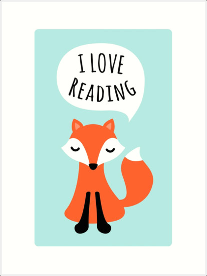 Drawing A Cartoon Fox I Love Reading Cute Cartoon Fox On Blue Background Art Print by