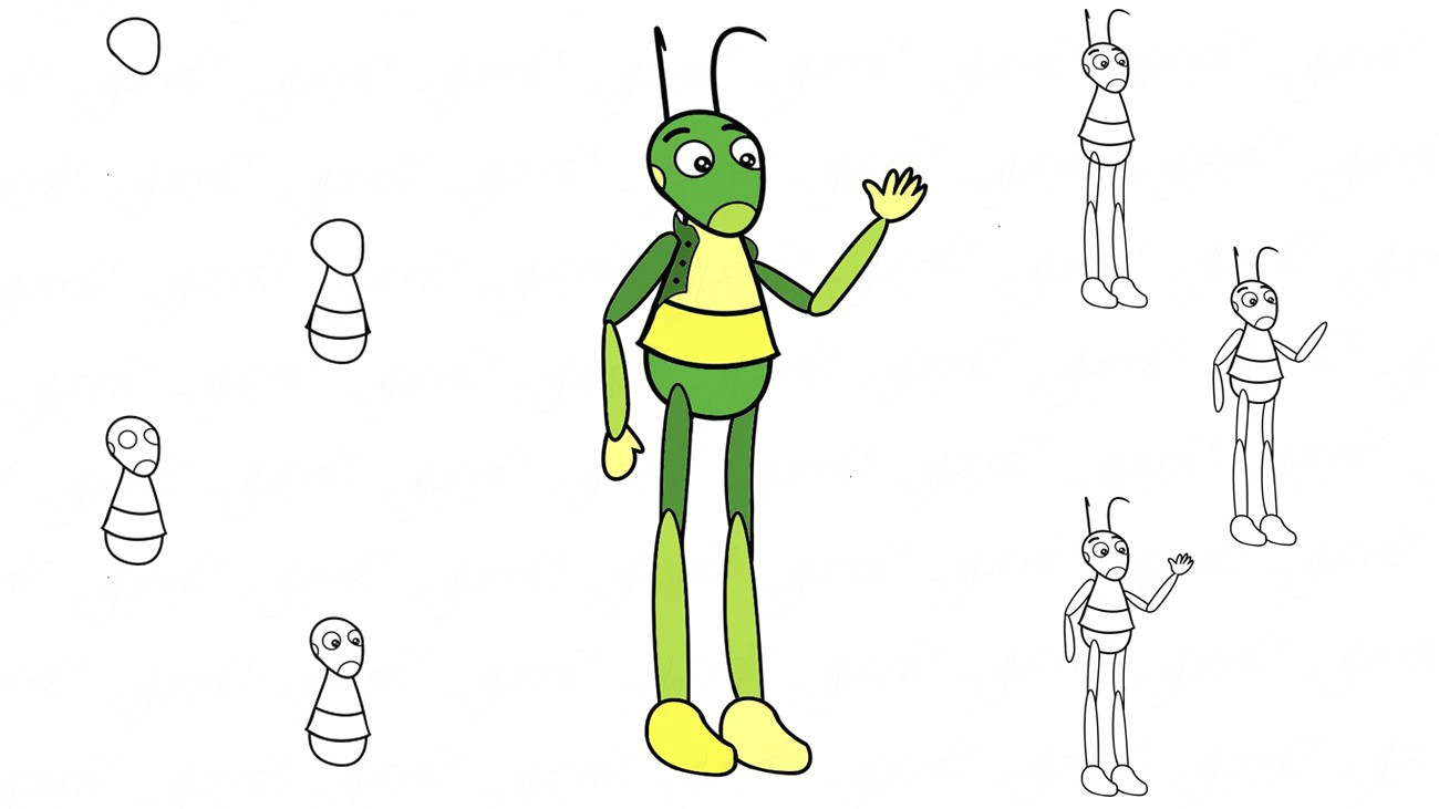 Drawing A Cartoon Grasshopper How to Draw A Grasshopper Kuzya From the Cartoon Luntik In Stages