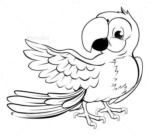 Drawing A Cartoon Parrot Cartoon Parrot Character In Black Outline Pointing with Its Wing