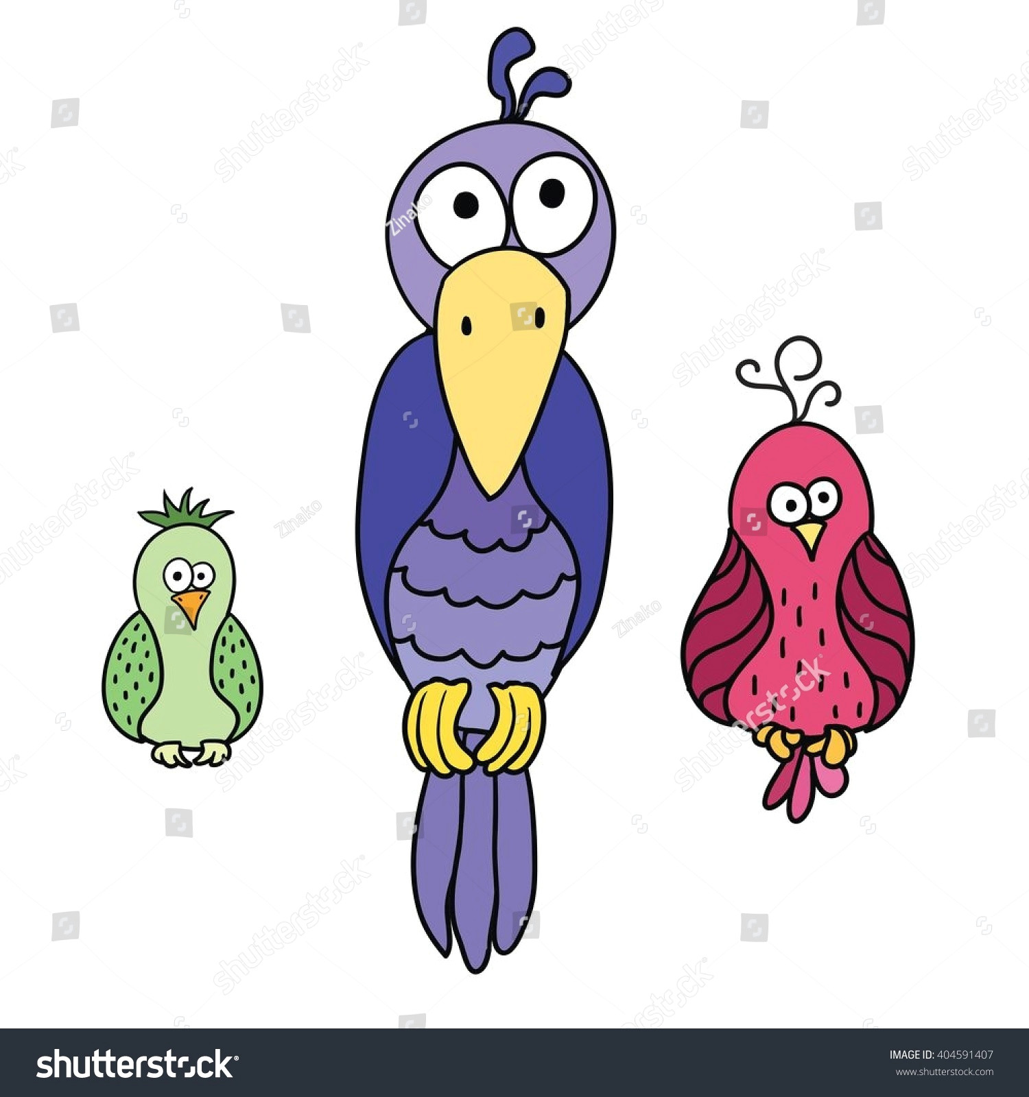 Drawing A Cartoon Parrot Set Cute Cartoon Colored Birds Black Stock Vector Royalty Free