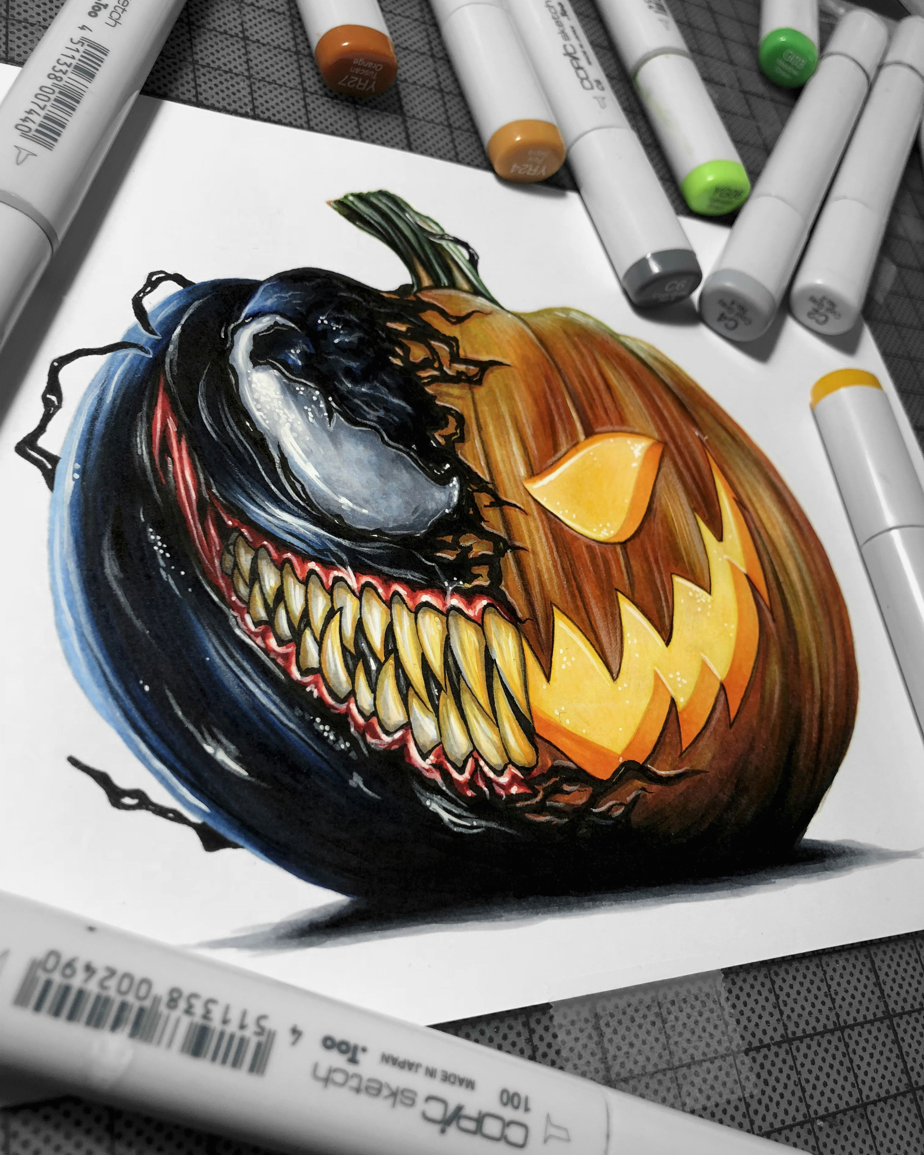 Drawing A Cartoon Pumpkin Venom Pumpkin Drawing Done with Copic Markers Draw In 2019
