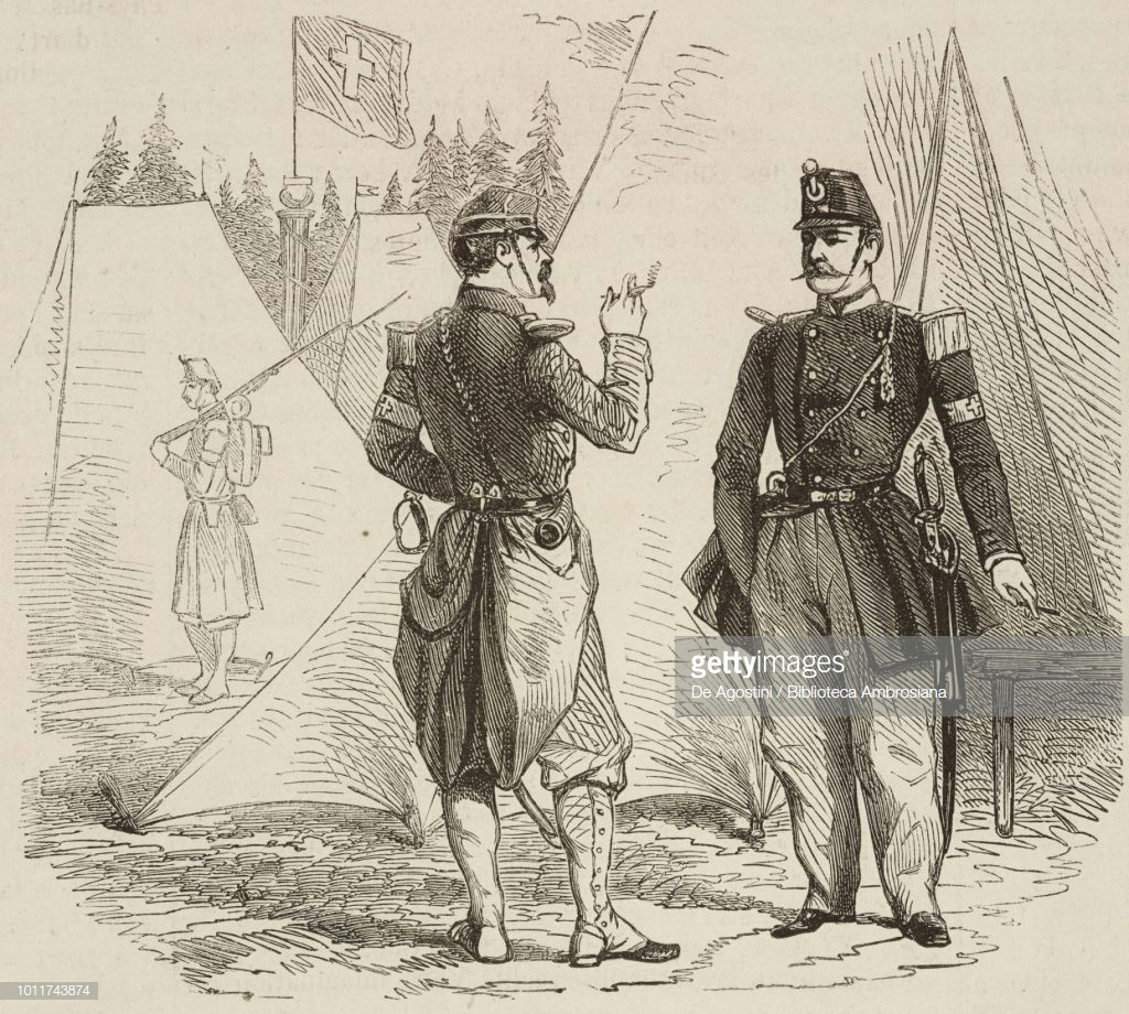 Drawing A Cartoon soldier Swiss Infantry Officers Switzerland Engraving From Sketch by Champod