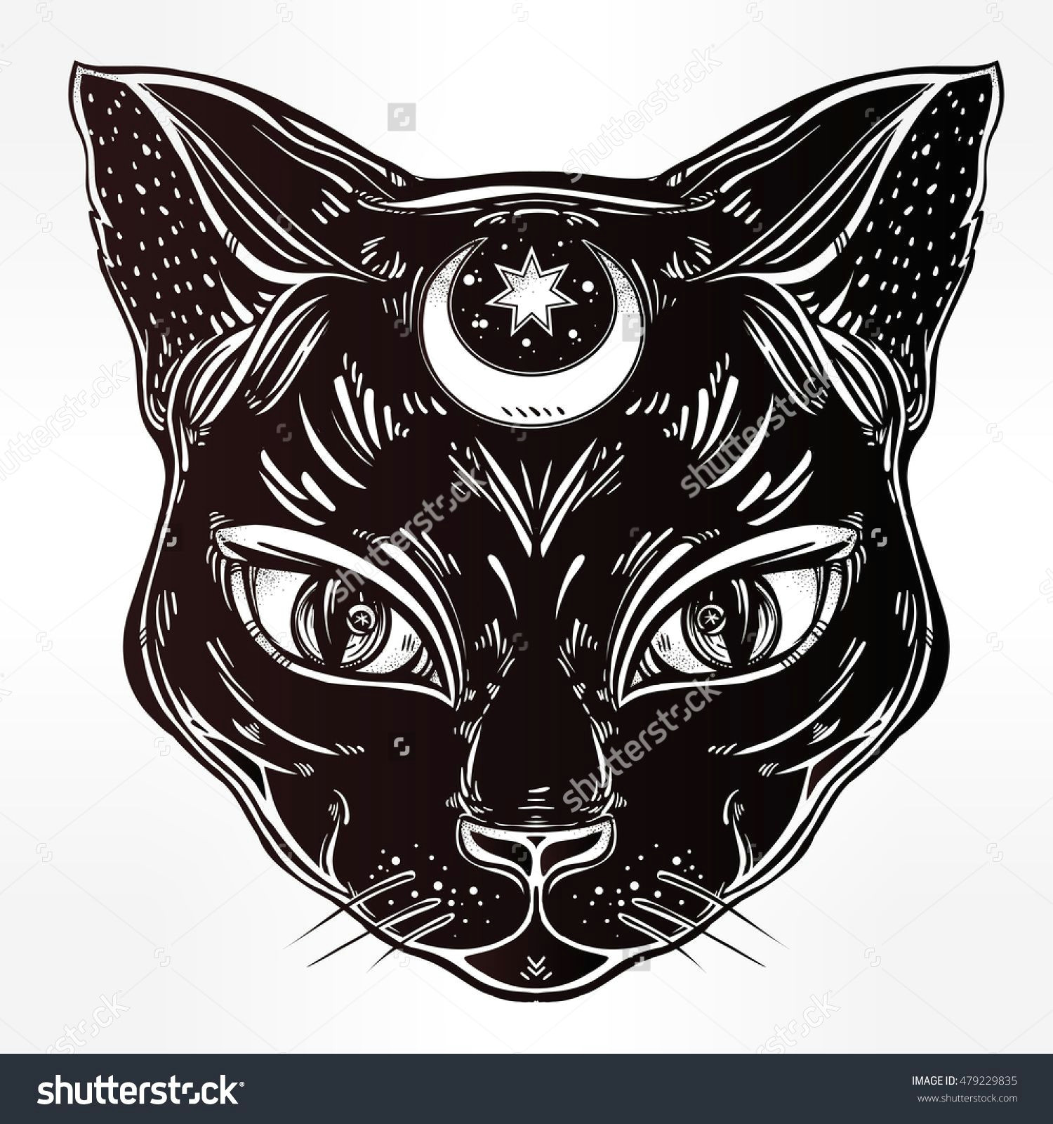 Drawing A Cat Face for Halloween Black Cat Head Portrait with Moon Ideal Halloween Background